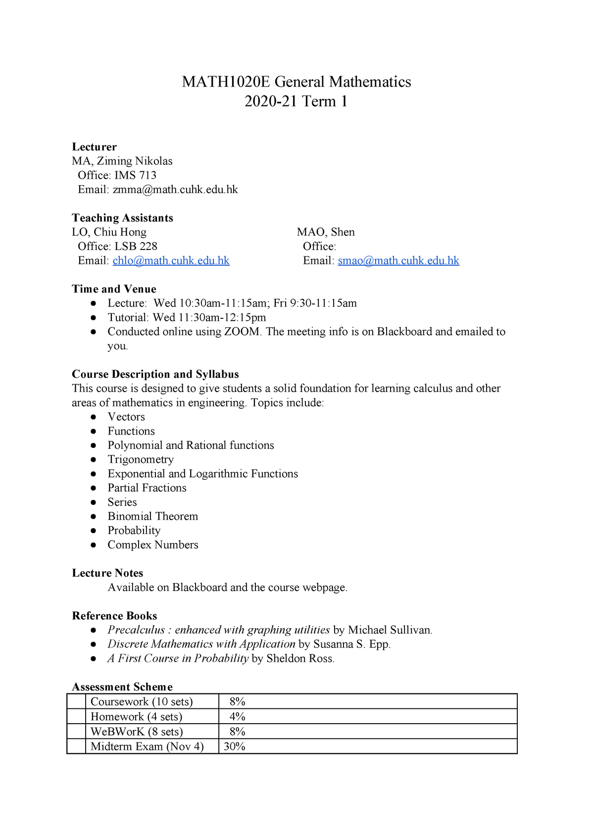 Math1020e Outline Lecture Notes 1 Math1020e General Mathematics