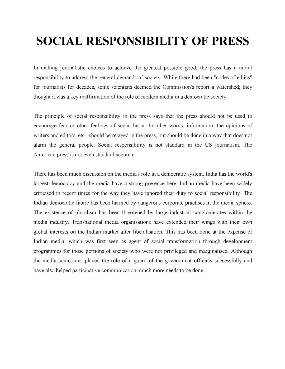 essay on responsibility of press