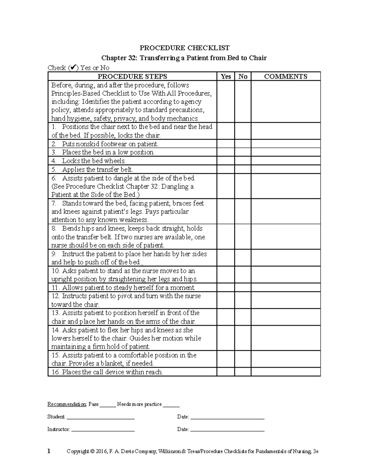 Ch32 Transferring Patient from bed to chair PROCEDURE CHECKLIST