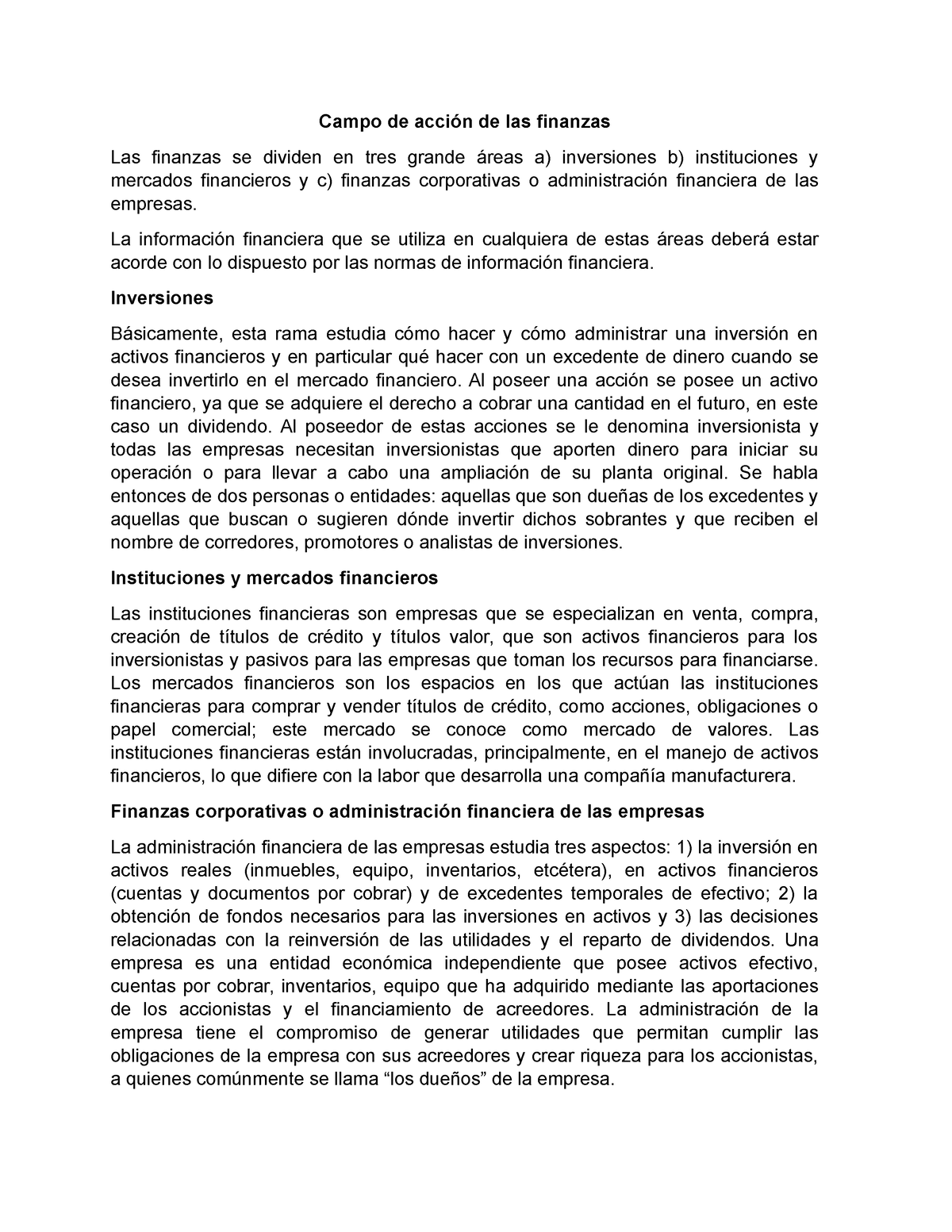 Campo De Acci N De Las Finanzas Campo De Acci N De Las Finanzas Las Finanzas Se Dividen En