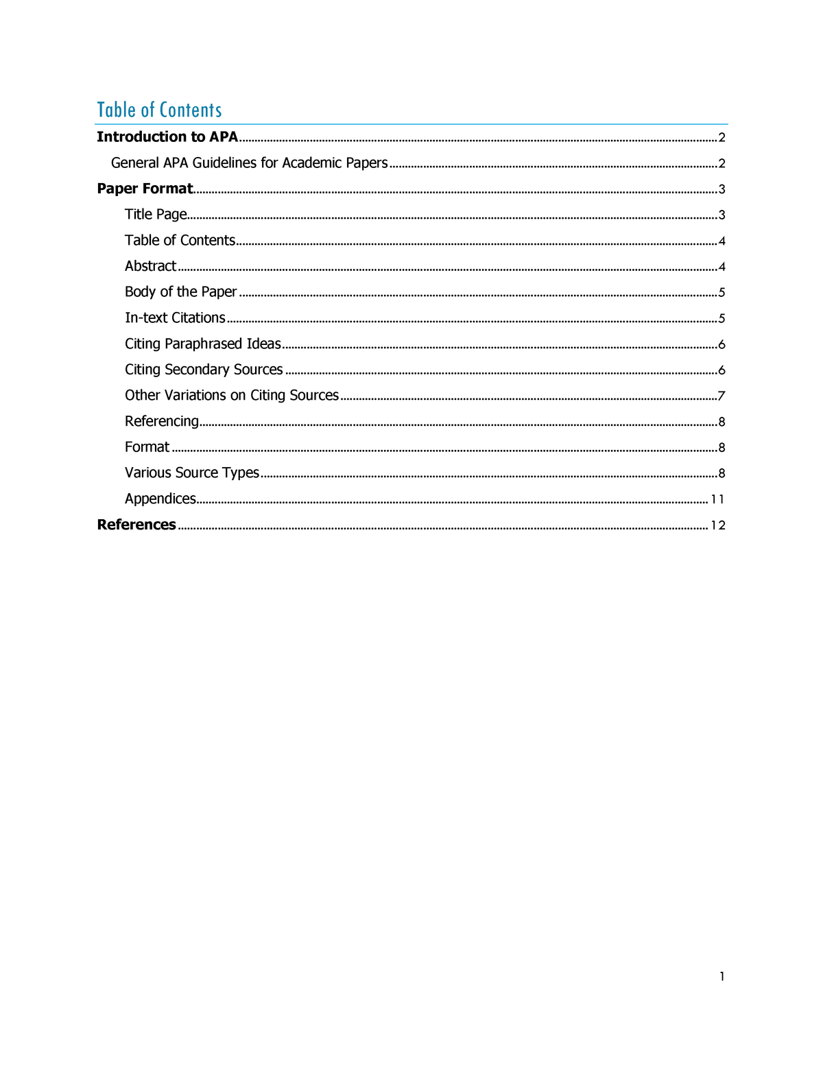 APA Writing Guide 2020 - APA format - Table of Contents Introduction to