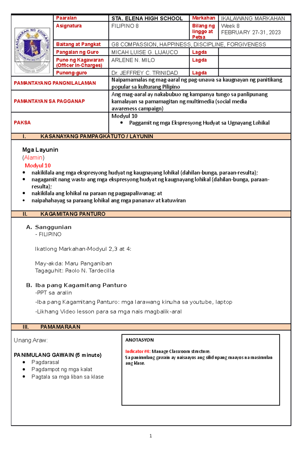 CO 1 22 23 - SAMPLE LESSON PLAN - Paaralan STA. ELENA HIGH SCHOOL ...