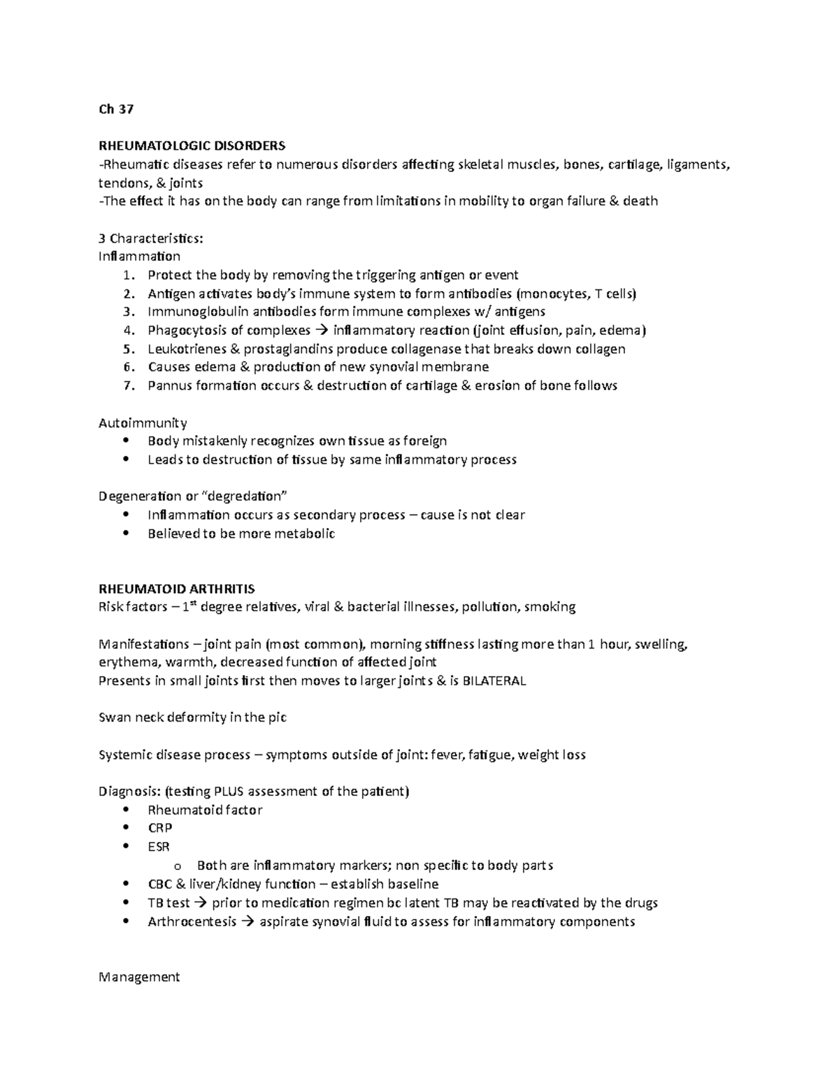 Ch 37 notes - lol - Ch 37 RHEUMATOLOGIC DISORDERS -Rheumatic diseases ...
