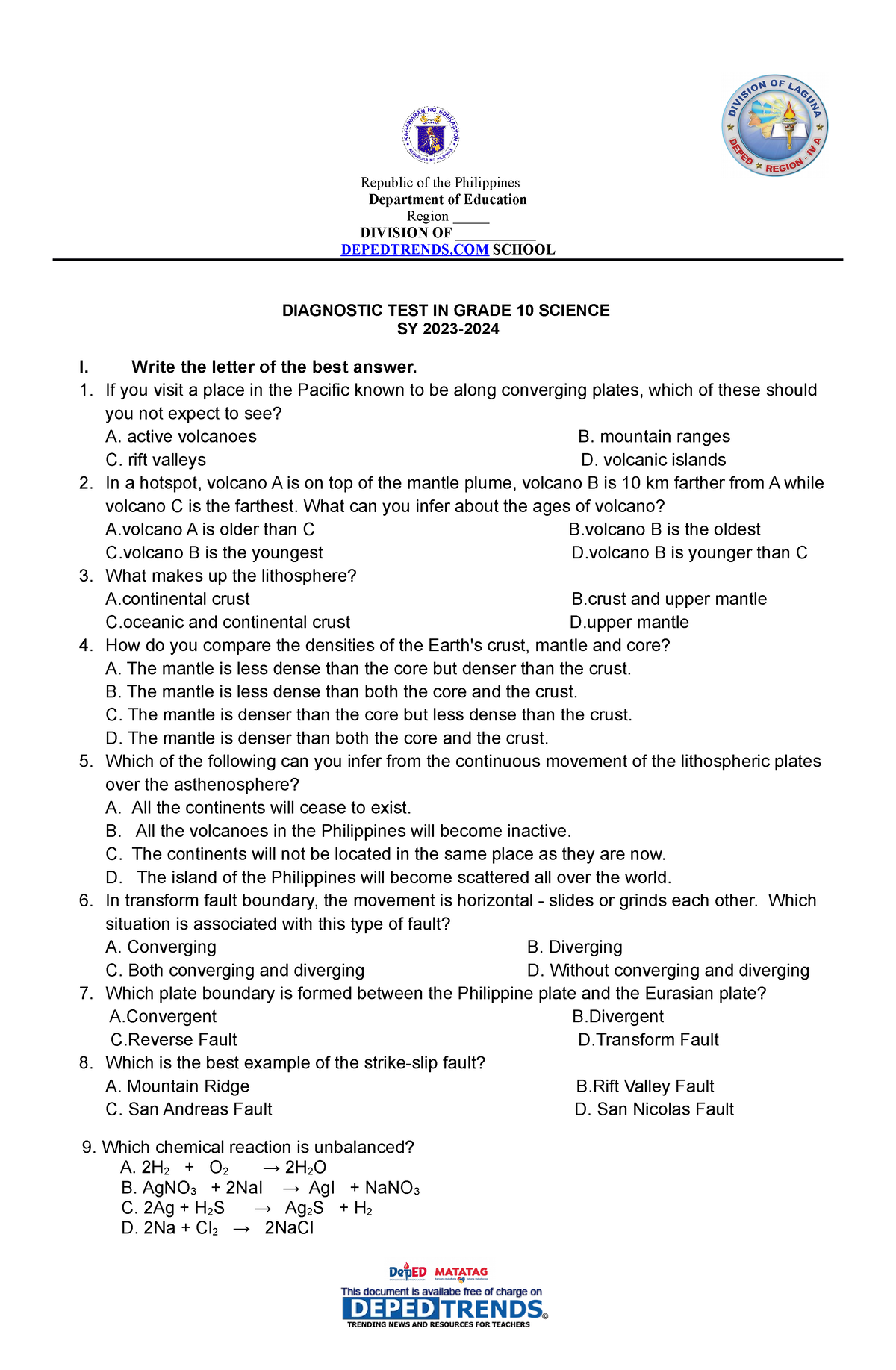 Sci 10 pre test sy 2023-2024 - Republic of the Philippines Department ...