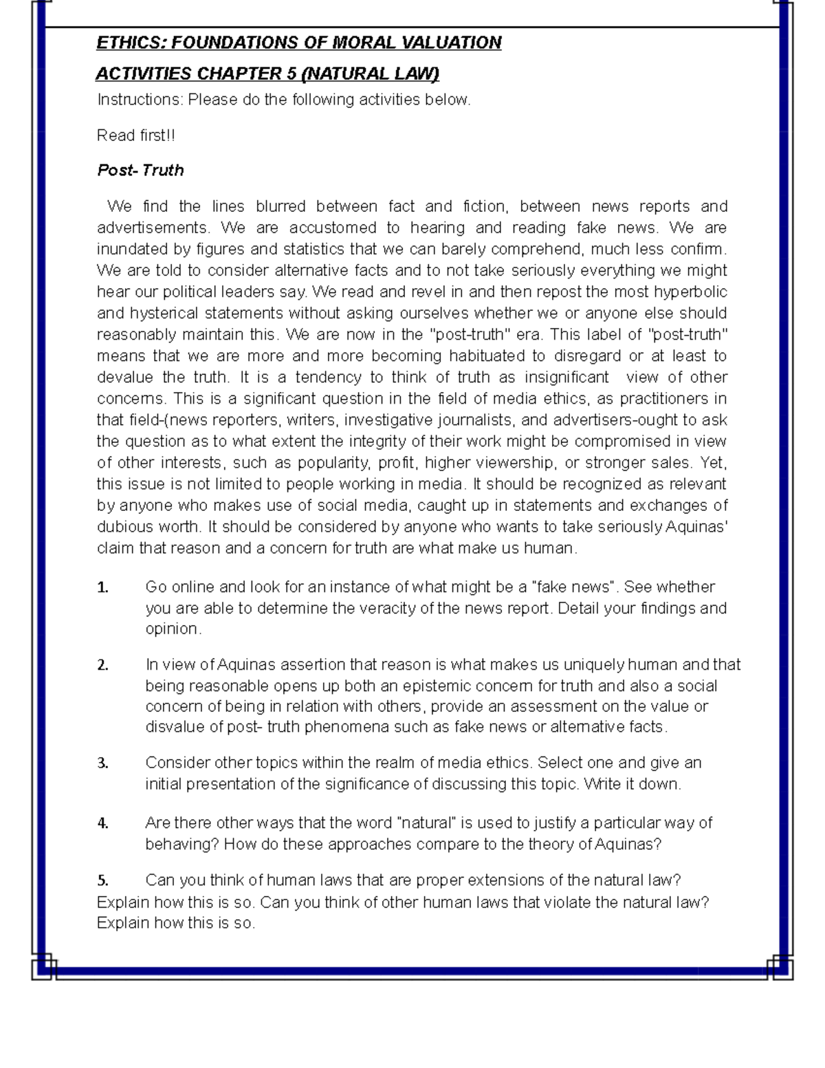 Activity 5 Bacolongan Olval 02 - ETHICS: FOUNDATIONS OF MORAL VALUATION ...