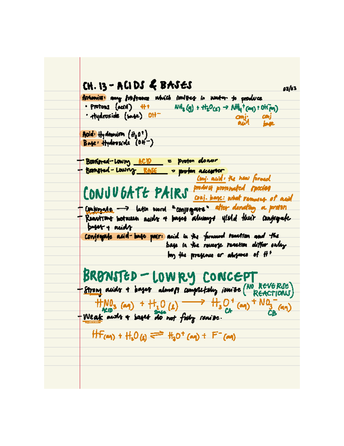 Ch 13 Chem 132 Hatab Notes - CH. 13 ACIDS BASES Arrhenius: any supfance ...
