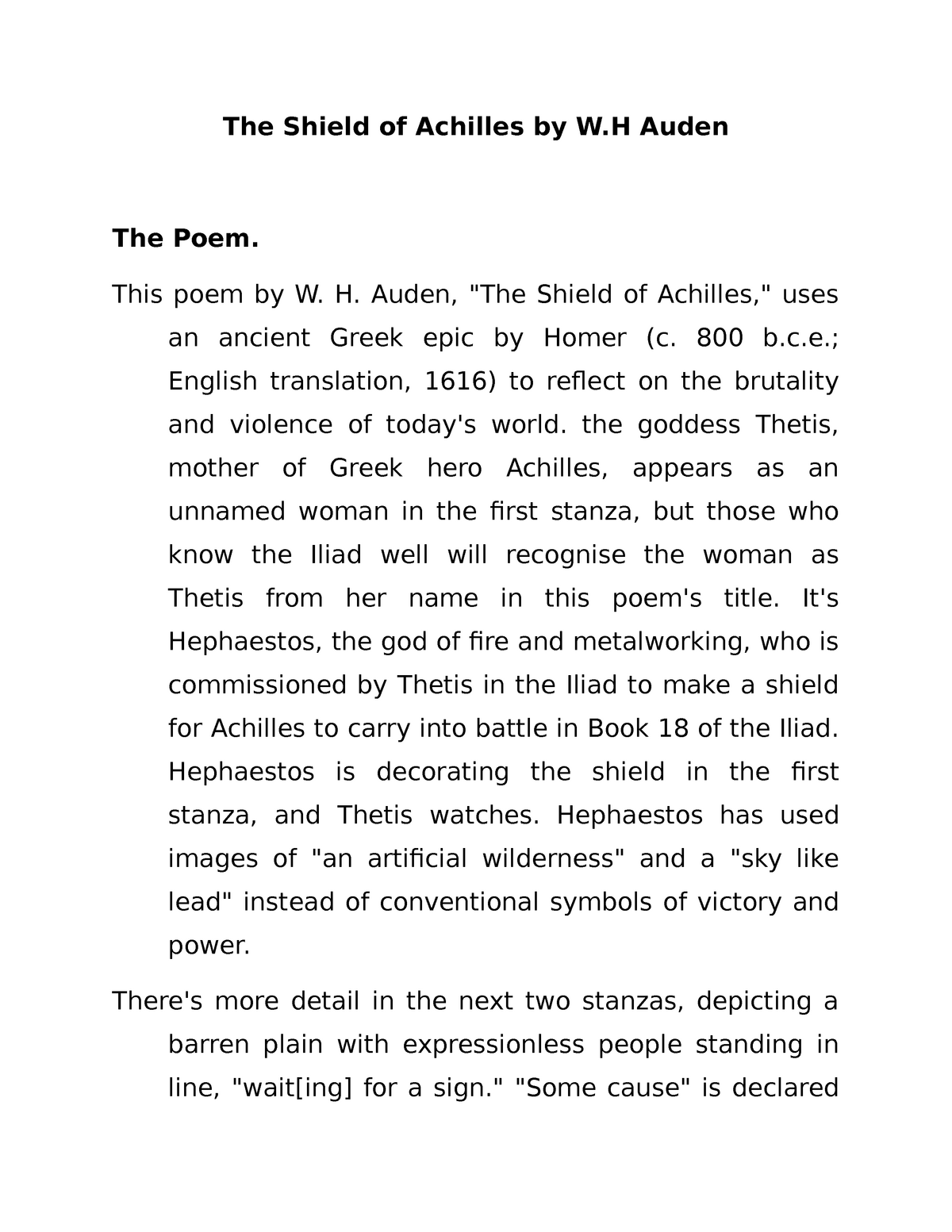 The Shield of Achilles by W.H Auden - The Shield of Achilles by W Auden The  Poem. This poem by W. H. - Studocu