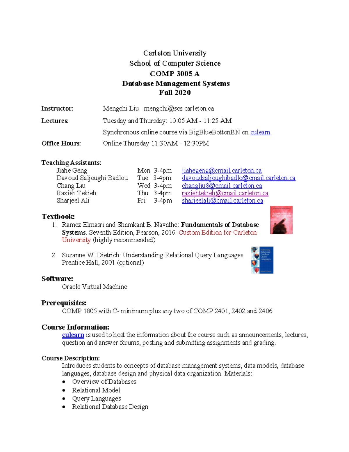 3005A 20F Outline - Carleton University School of Computer Science COMP ...