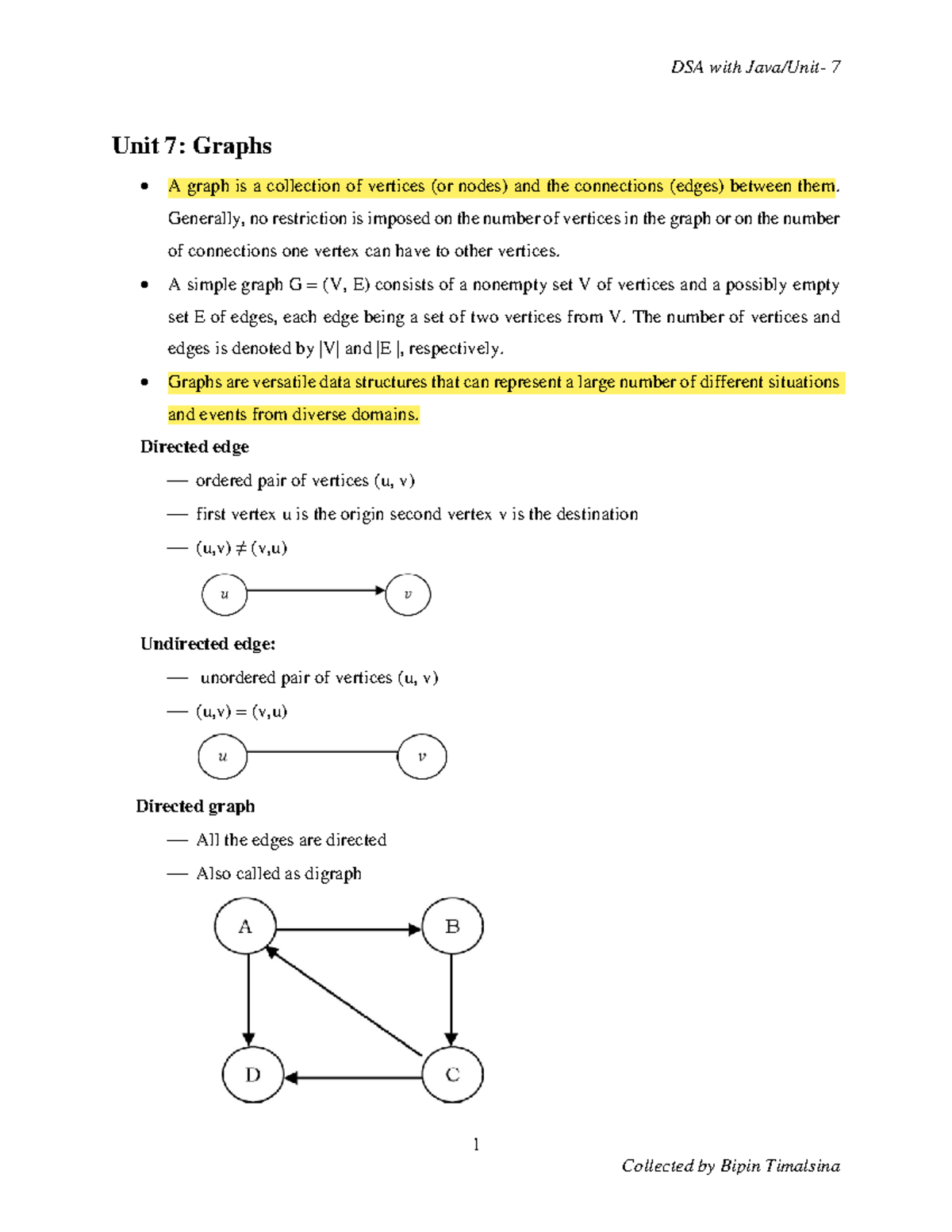 DSA with Java - Unit 7 - notes of graph - 1 Unit 7: Graphs A graph is a ...