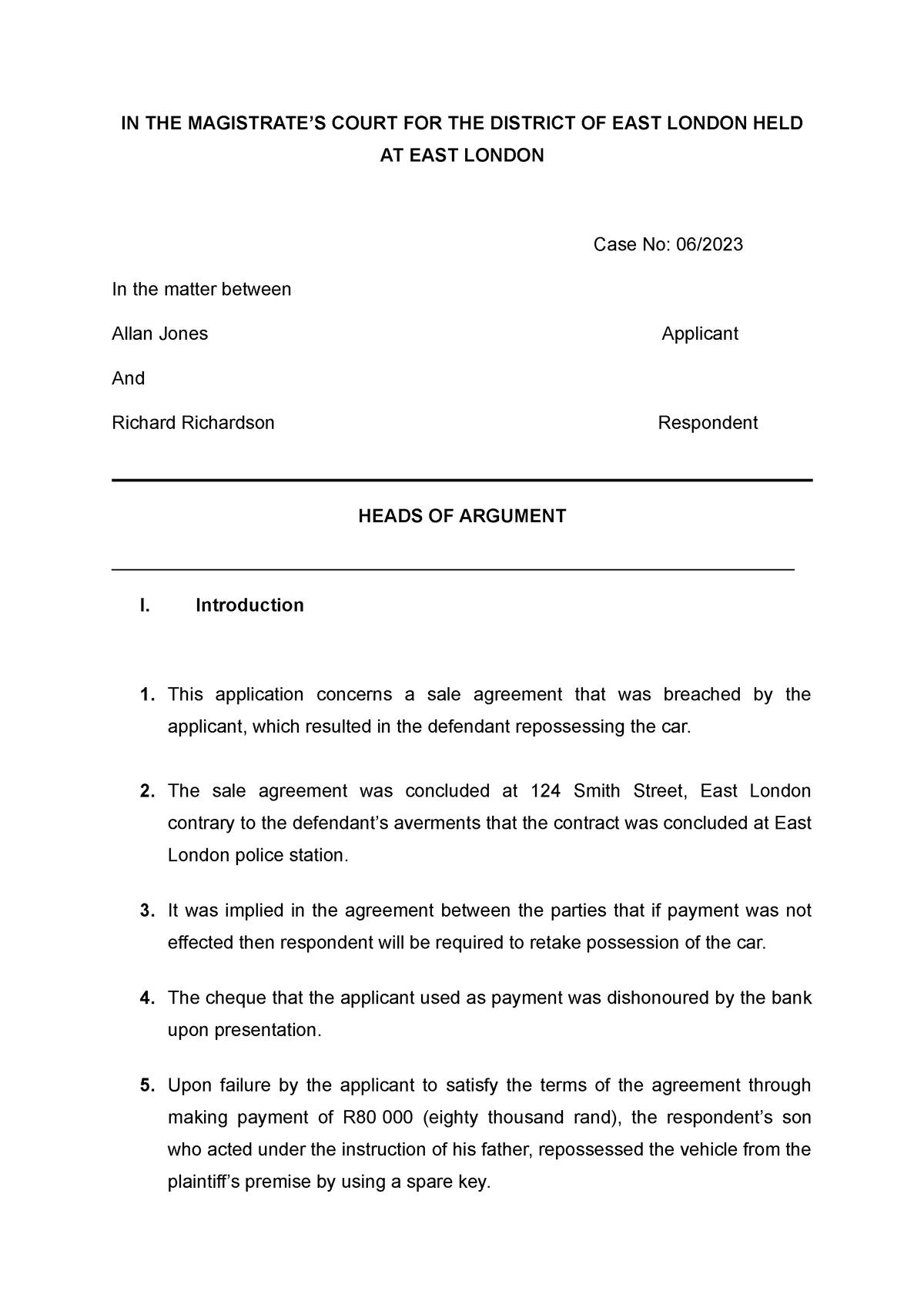 Heads of argument Allan - IN THE MAGISTRATE’S COURT FOR THE DISTRICT OF ...