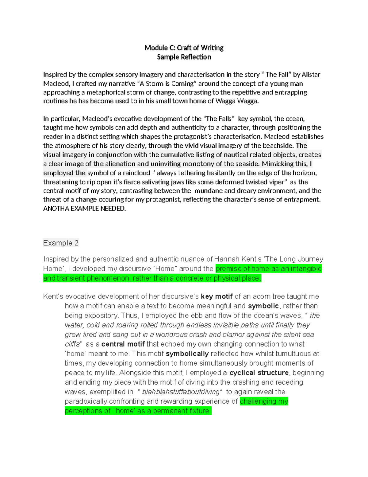 Example Reflection - Module C: Craft of Writing Sample Reflection ...