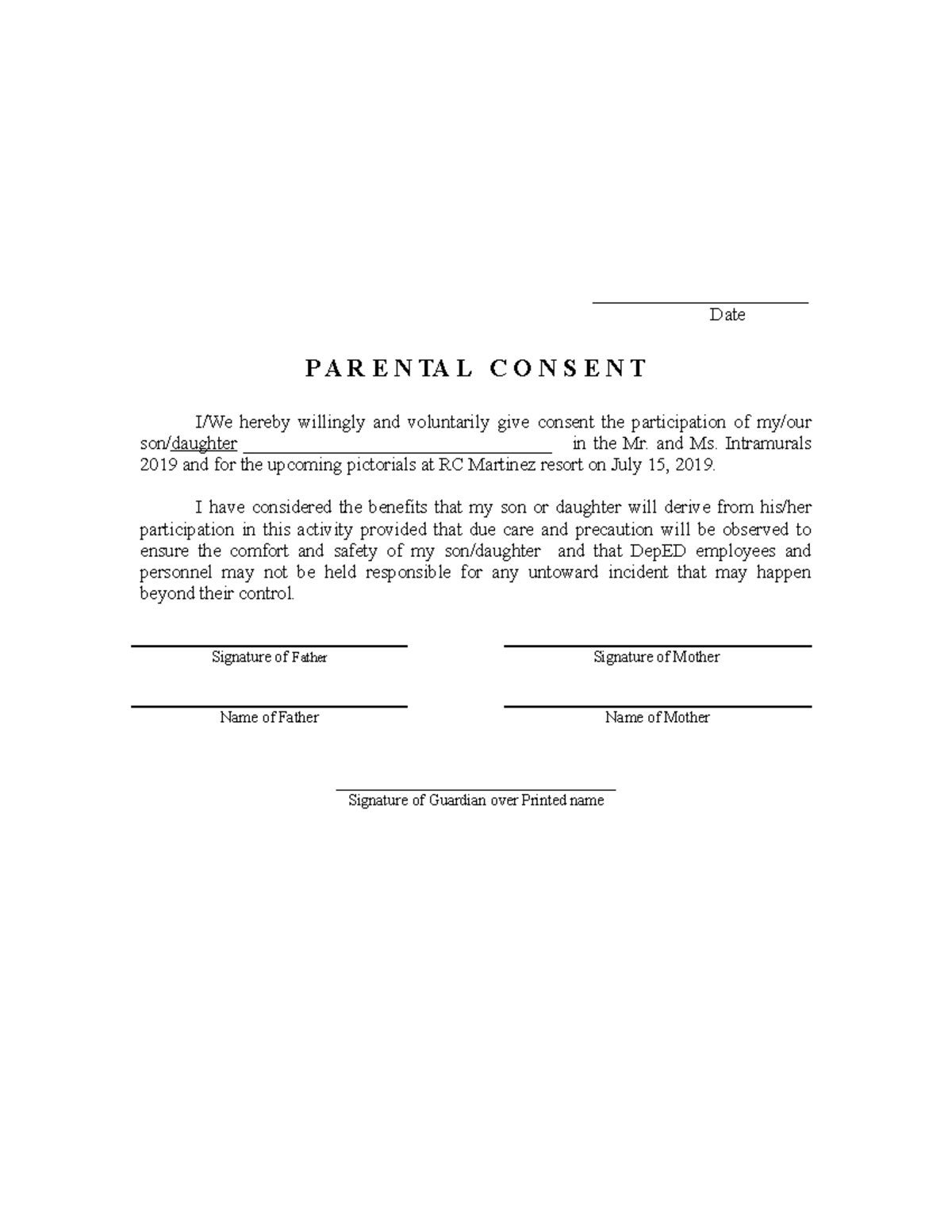 Parental Consent 2014 UNKNOWN _______________________ Date P A R E