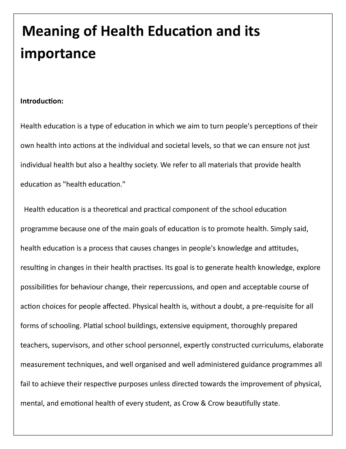 meaning of health education essay