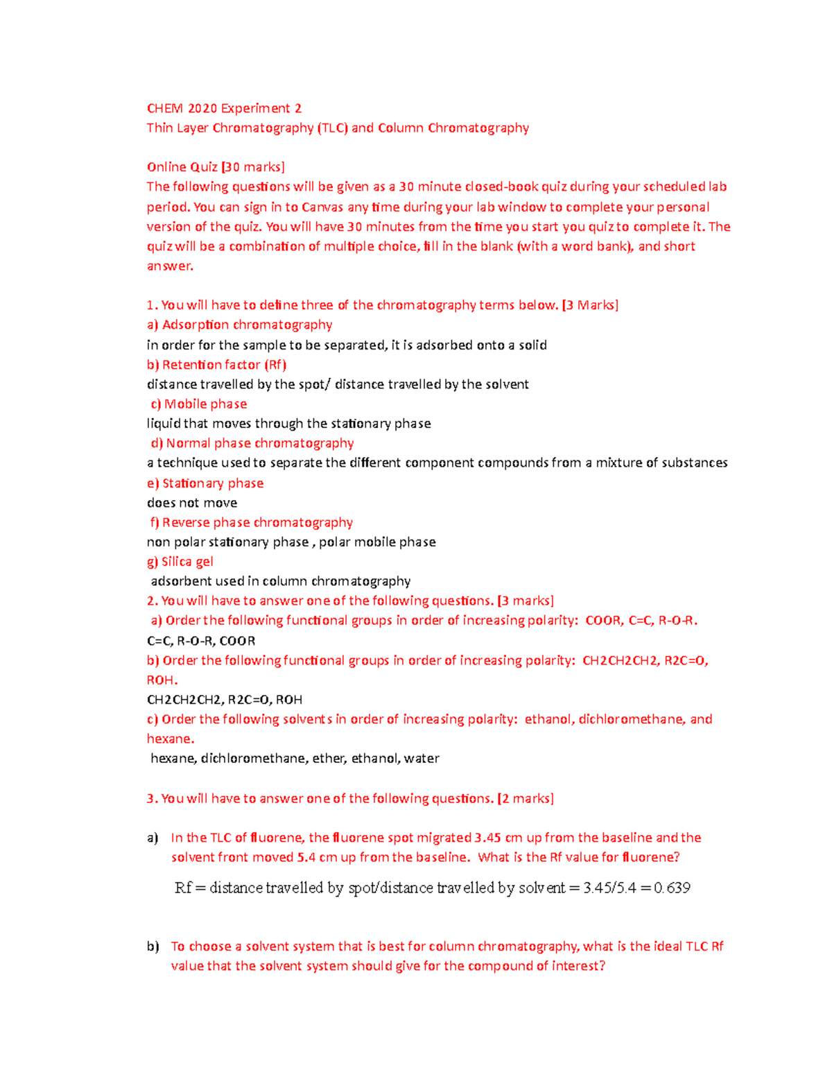 LAB 2Quiz answers CHEM 2020 Experiment 2 Thin Layer Chromatography