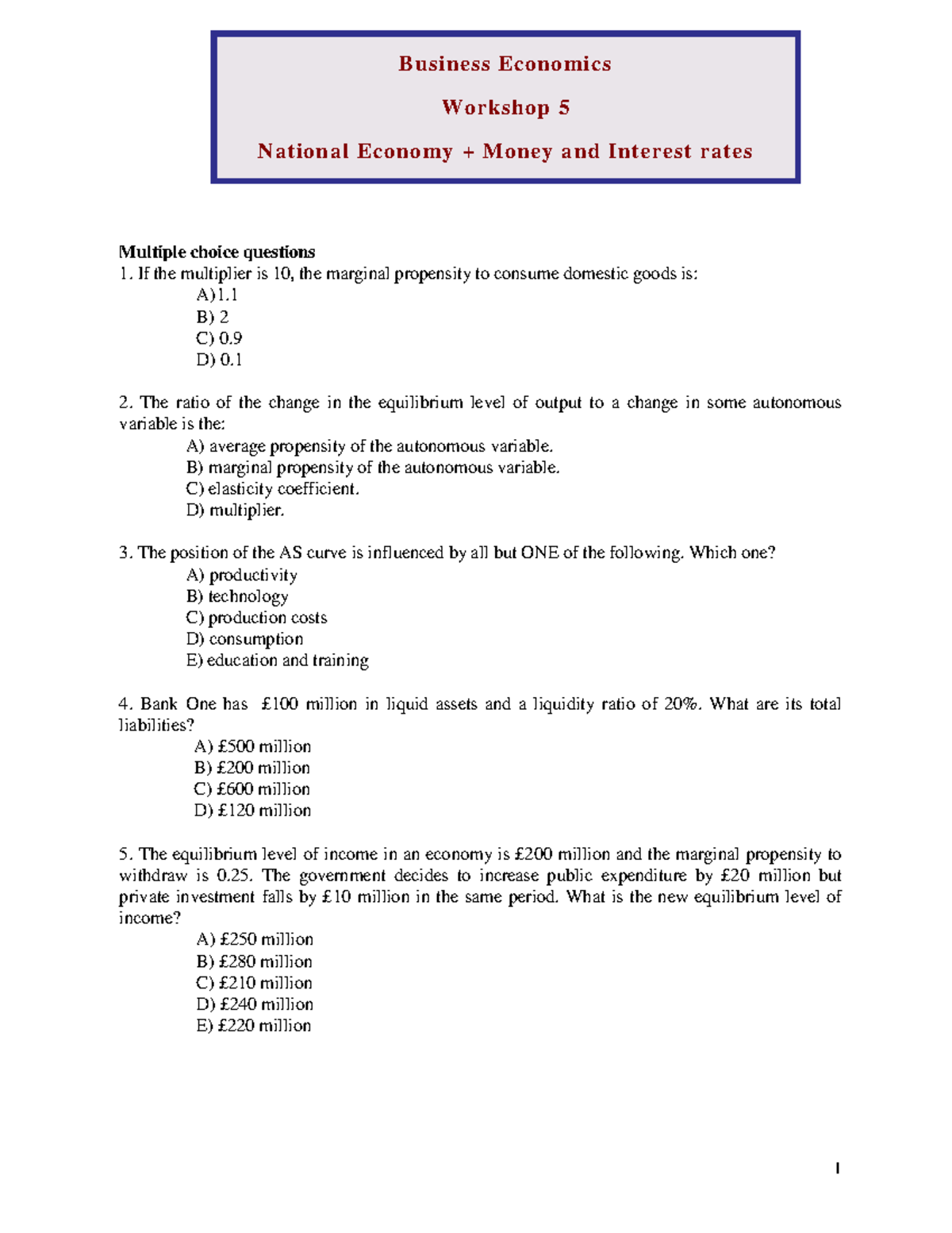 Ecn101 workshop 5 - National Economy + Money and Interest rates - 1 ...
