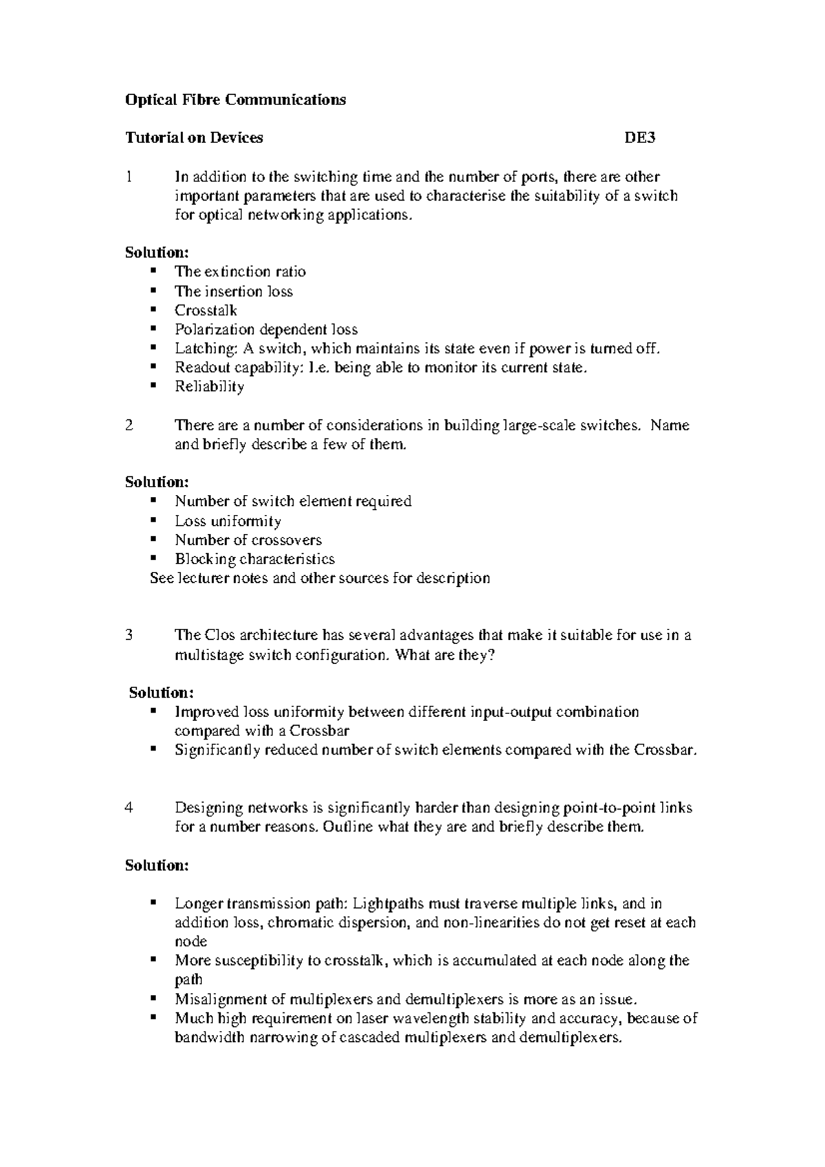 Tutorial work Questions and Solutions - Optical Fibre Communications ...