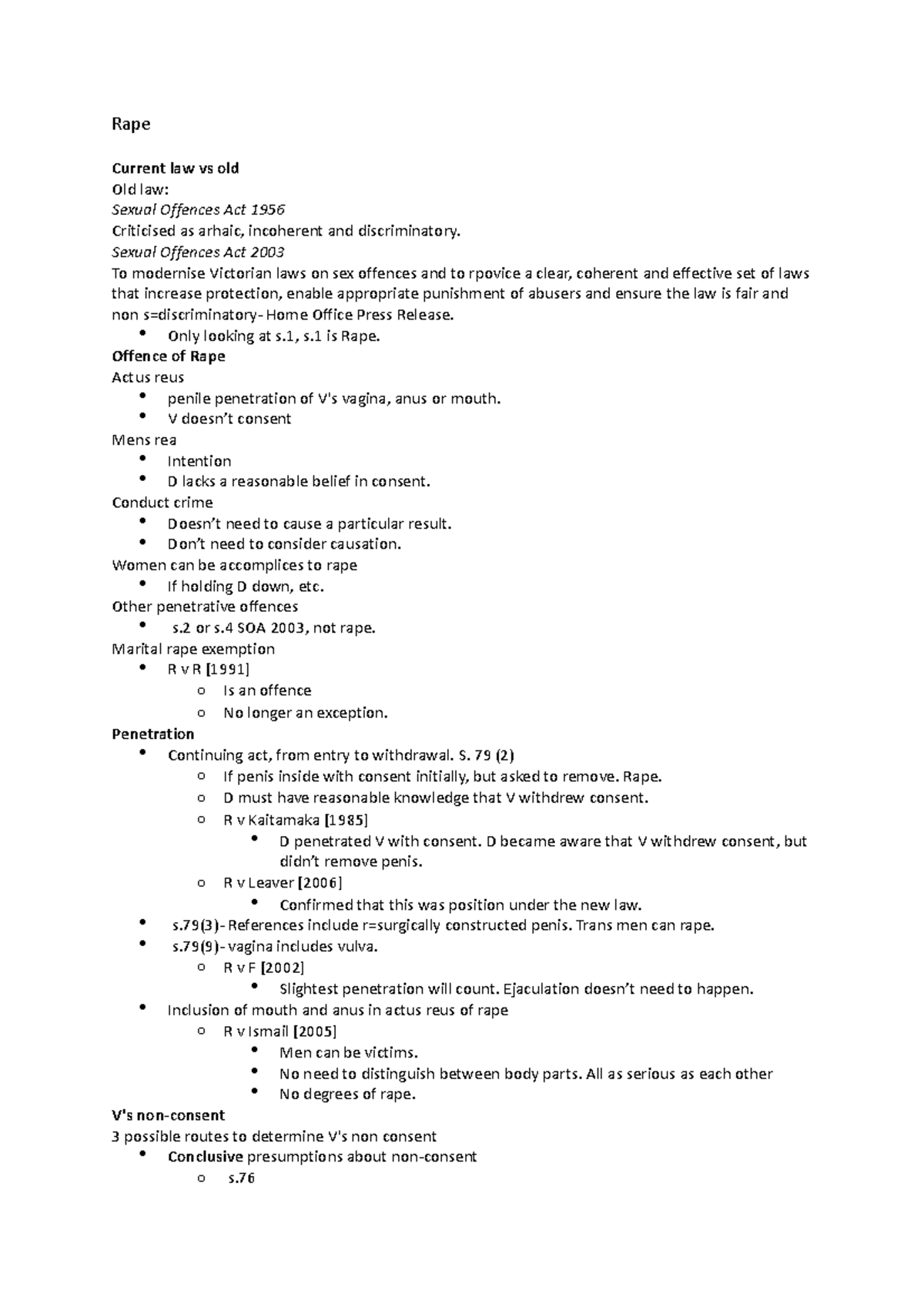 Quick Notes - Rape Current law vs old Old law: Sexual Offences Act 1956 ...