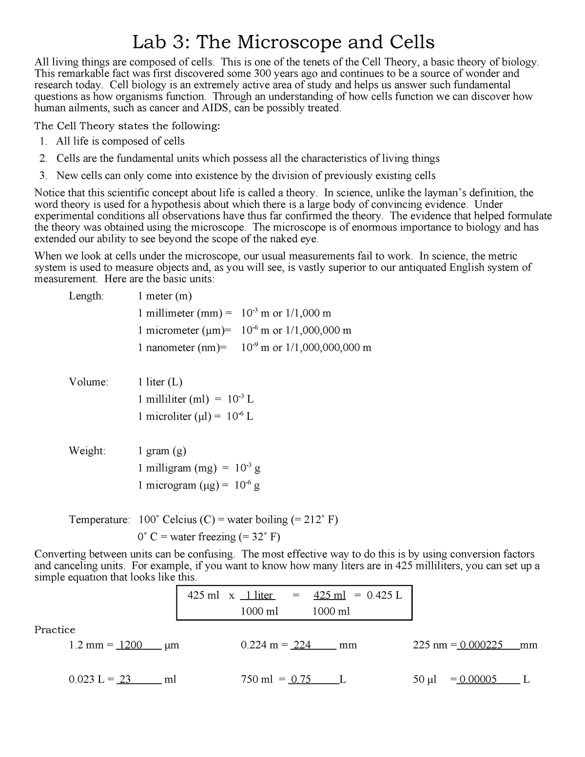 Answer Key Lab Microscopes and Cells - Lab 3: The Microscope and Cells ...