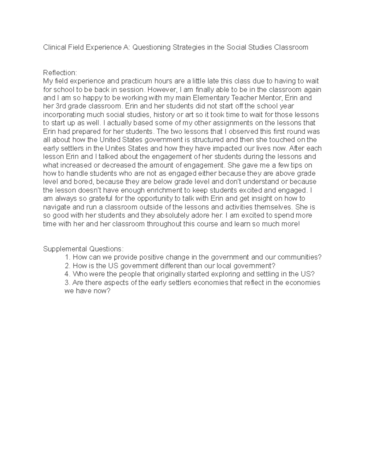 Clinical Field Experience A Questioning Strategies in the Social