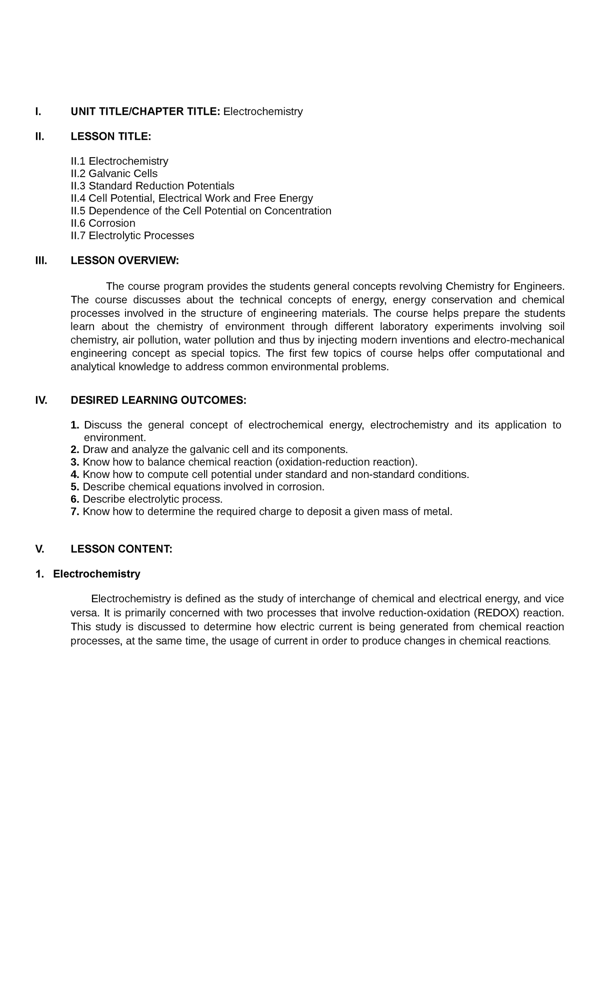 Chemistryfor Engineers-Module 1-Week1 - I. UNIT TITLE/CHAPTER TITLE ...