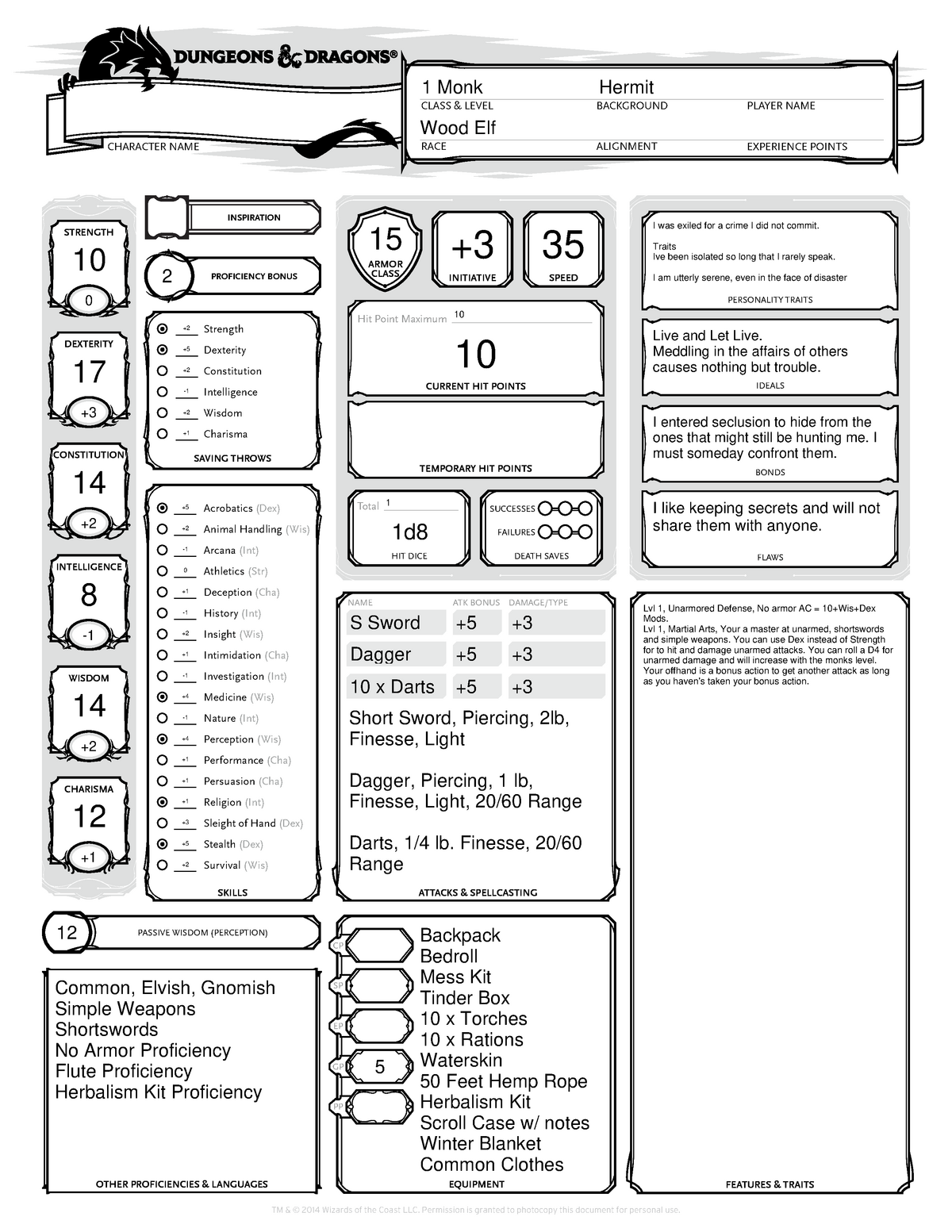 5e lvl 1 wood elf monk - Apuntes 1 - CHARACTER NAME RACECLASS & LEVEL ...