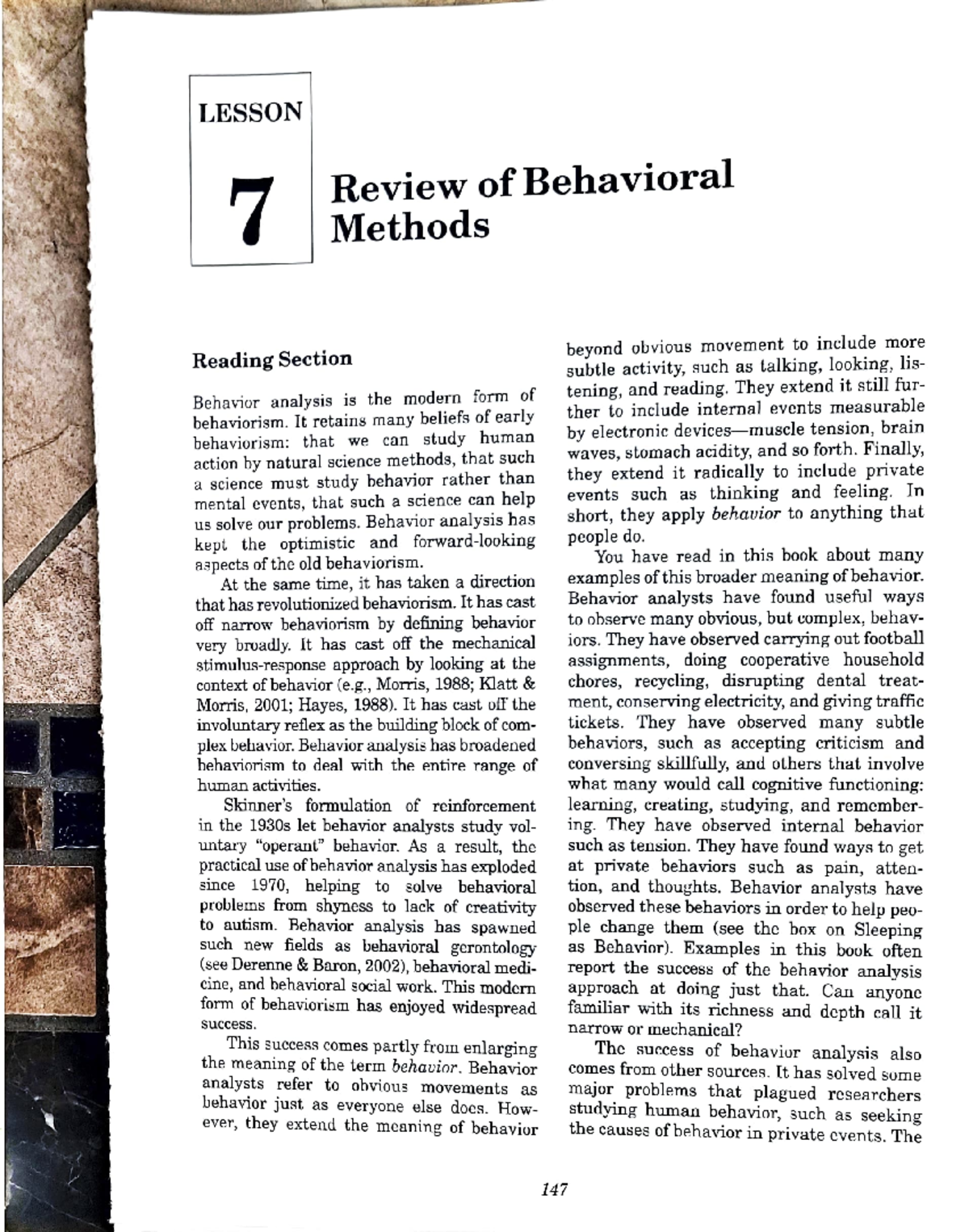 PEBA Lesson 7 LESSON 7 Review of Behavioral Methods Reading Section