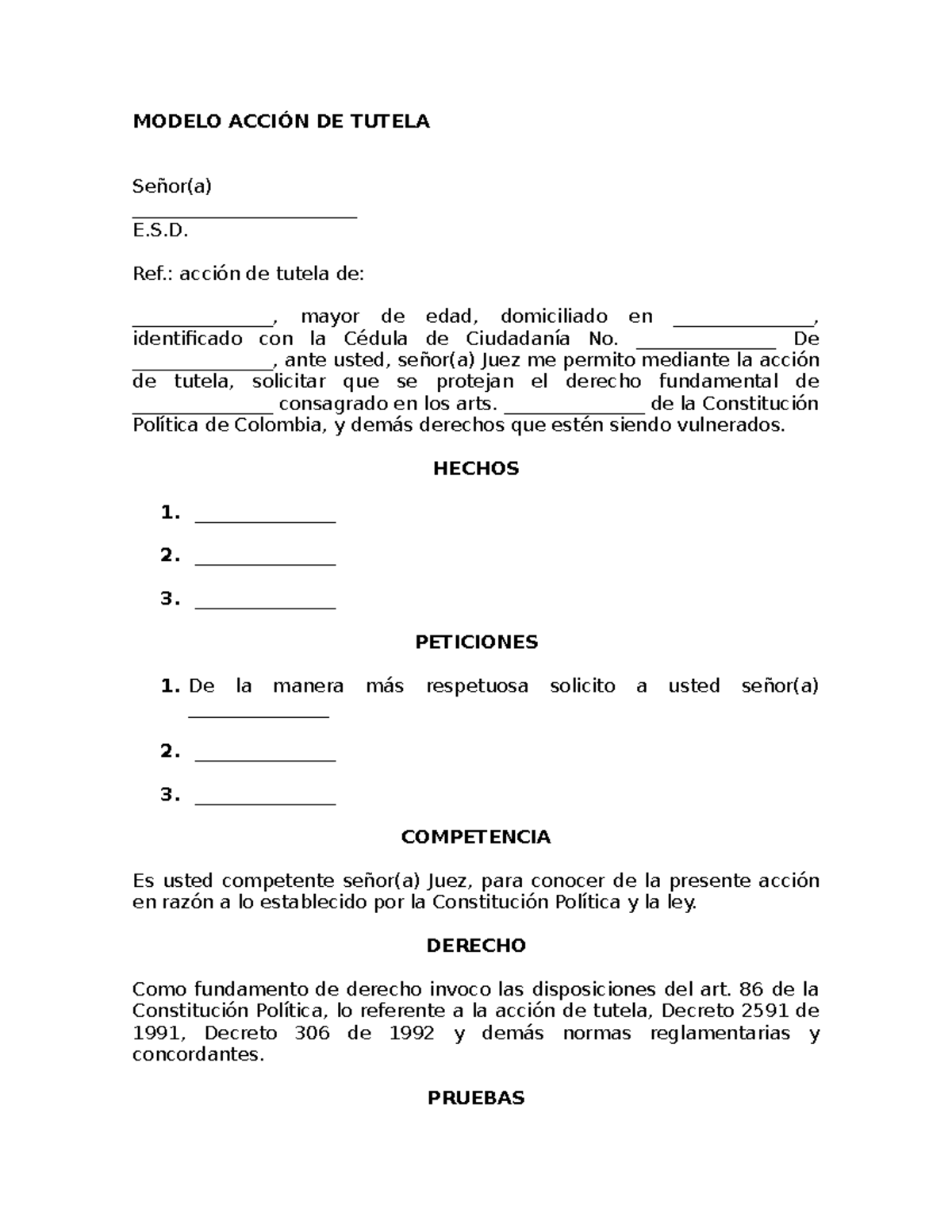 Formato Accion DE Tutela 4 - MODELO ACCIÓN DE TUTELA Señor(a) E.S. Ref ...