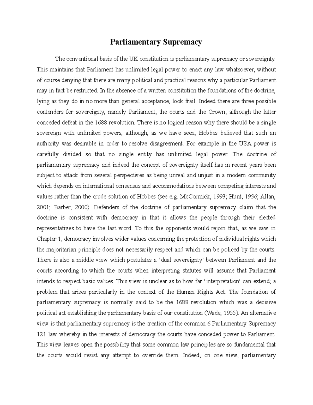 parliamentary supremacy essay