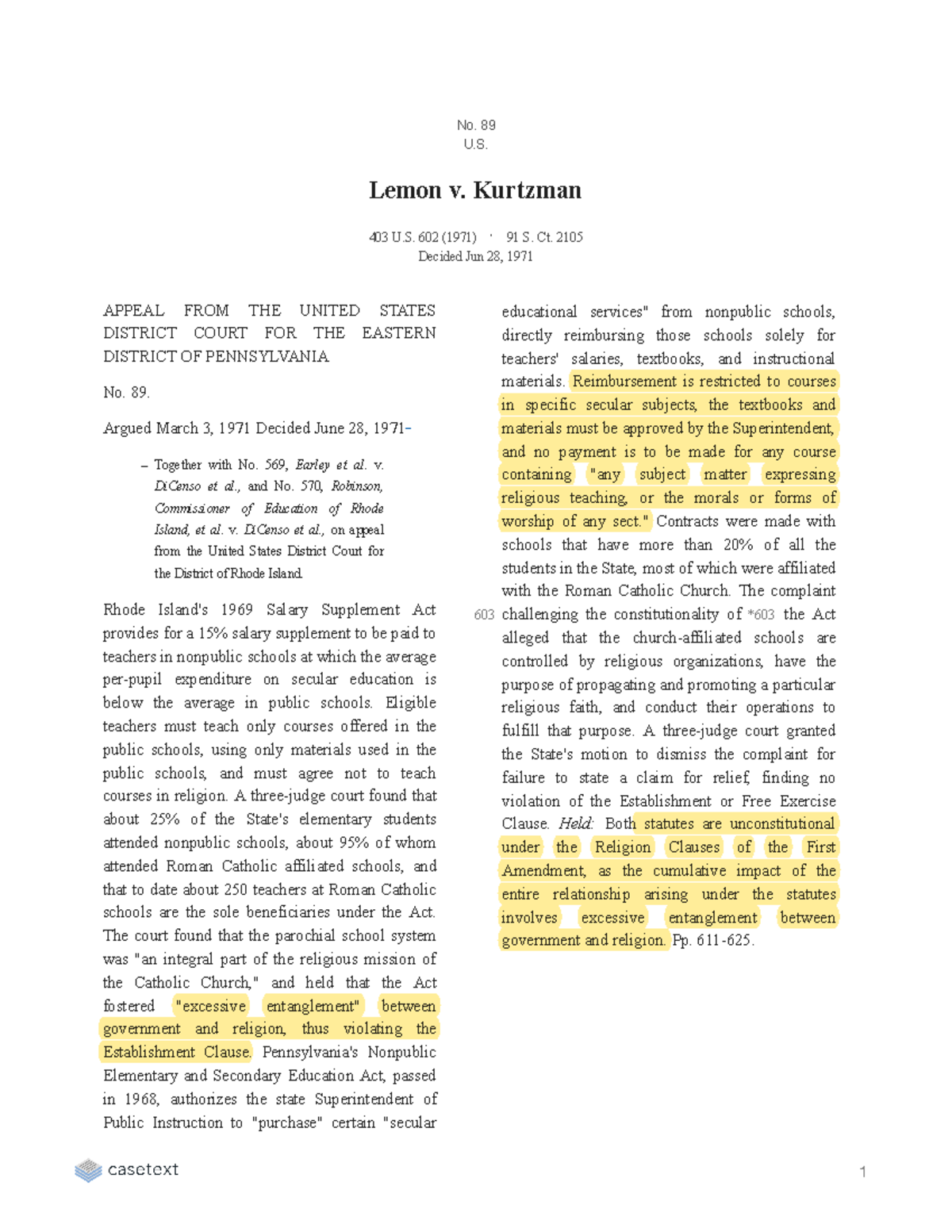 Lemonv case No. 89 U. Lemon v. Kurtzman 403 U. 602 (1971) • 91 S