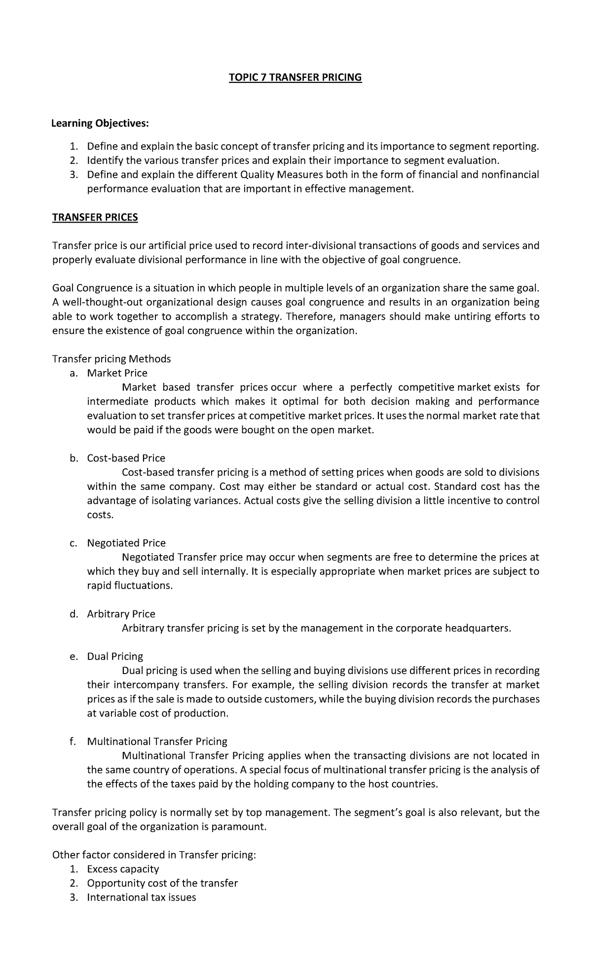 transfer pricing essay questions