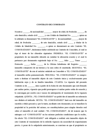 088 Contrato de Comodato - CONTRATO DE COMODATO Nosotros ______, de  nacionalidad ______ , mayor de - Studocu