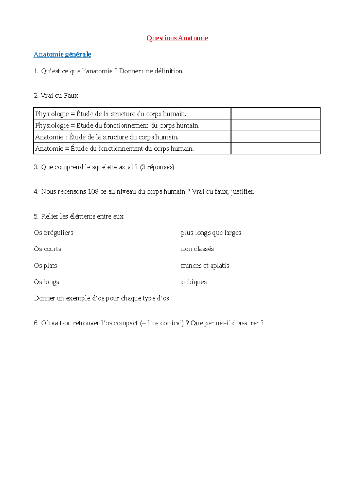 Questions Anatomie L1 STAPS ULCO - Questions Anatomie Anatomie Générale ...