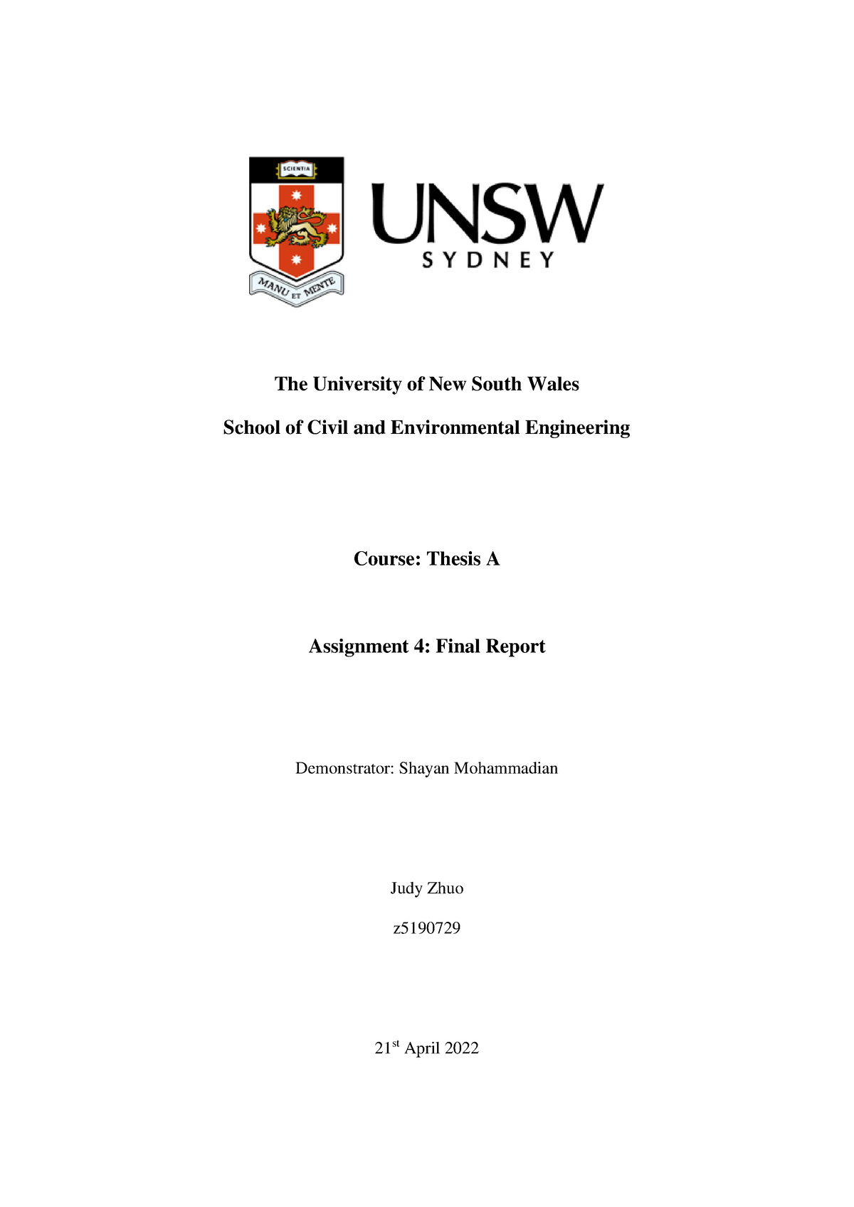 Assignment 4 qqqqqq The University of New South Wales School of