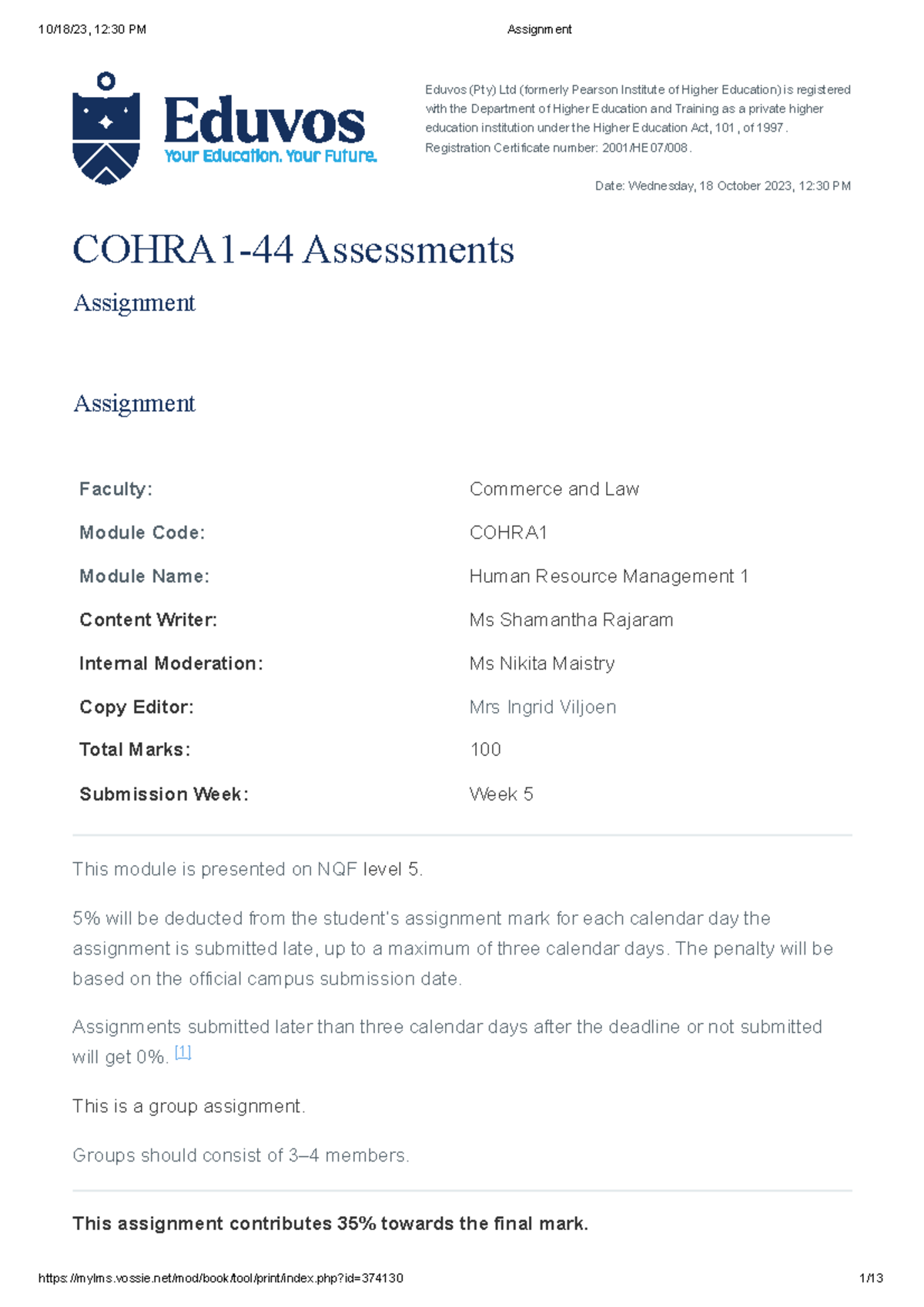 Assignment Human Resource Management 1 2023 Eduvos Pty Ltd Formerly Pearson Institute Of Assignment Human Resource Management 1 2023 Eduvos Pty Ltd Formerly Pearson Institute Of