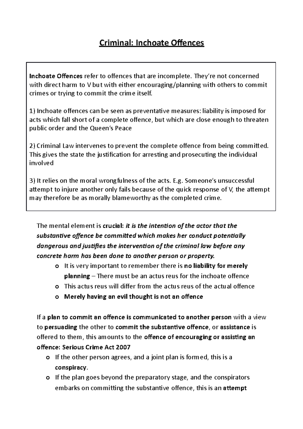 Inchoate Offences - Criminal: Inchoate Ofences Inchoate Ofences refer ...
