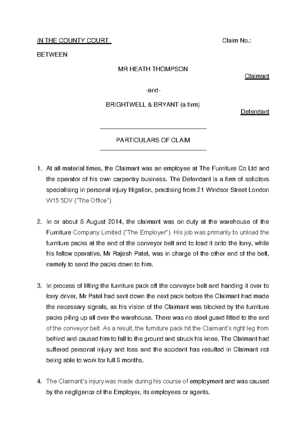 Particulars Of Claim Thompson V Brightwell Bryant professional