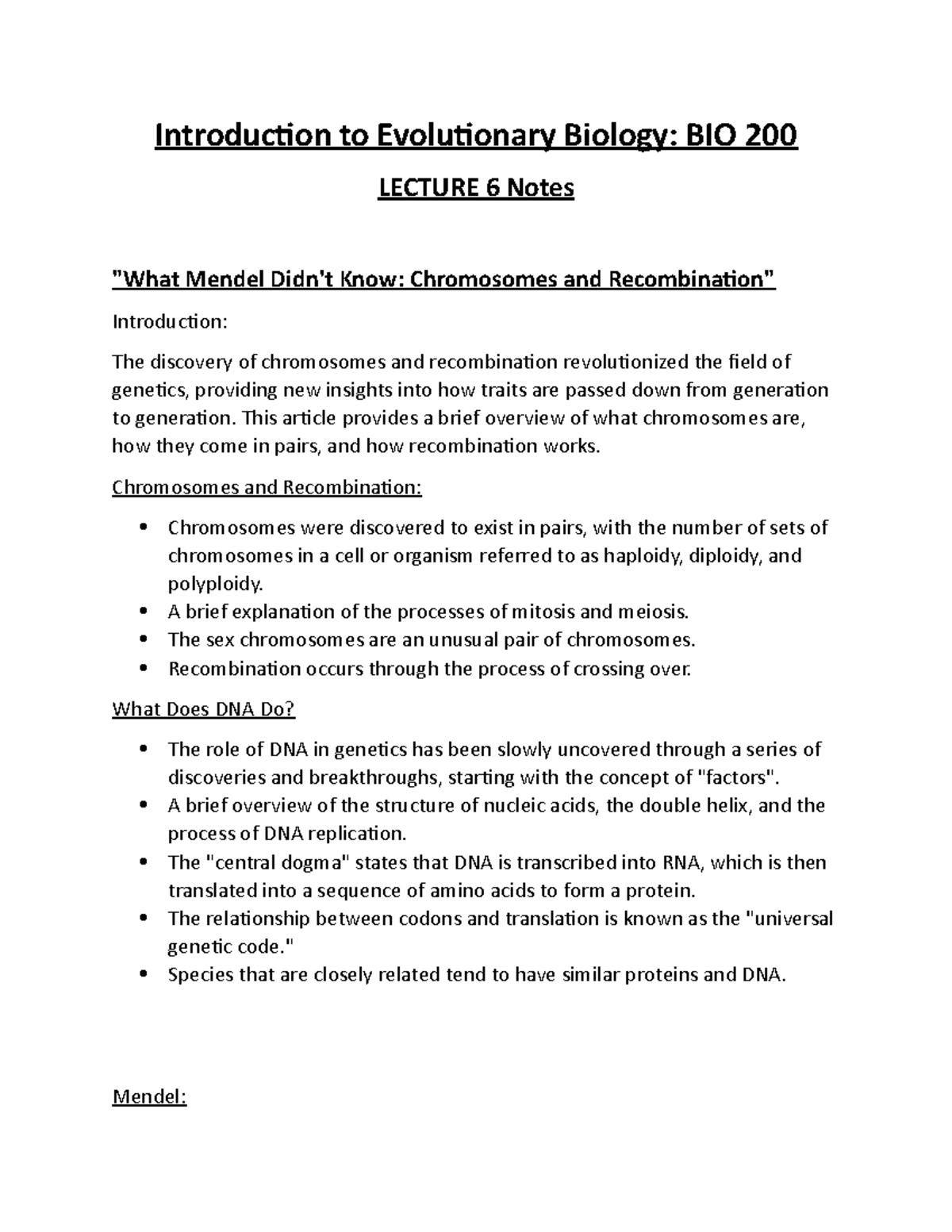 Introduction to Evolutionary Biology BIO 200 Lecture 6 - MY Notes ...