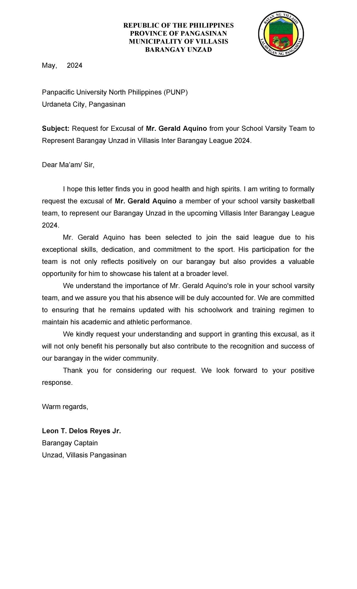 Excuse Letter - REPUBLIC OF THE PHILIPPINES PROVINCE OF PANGASINAN ...