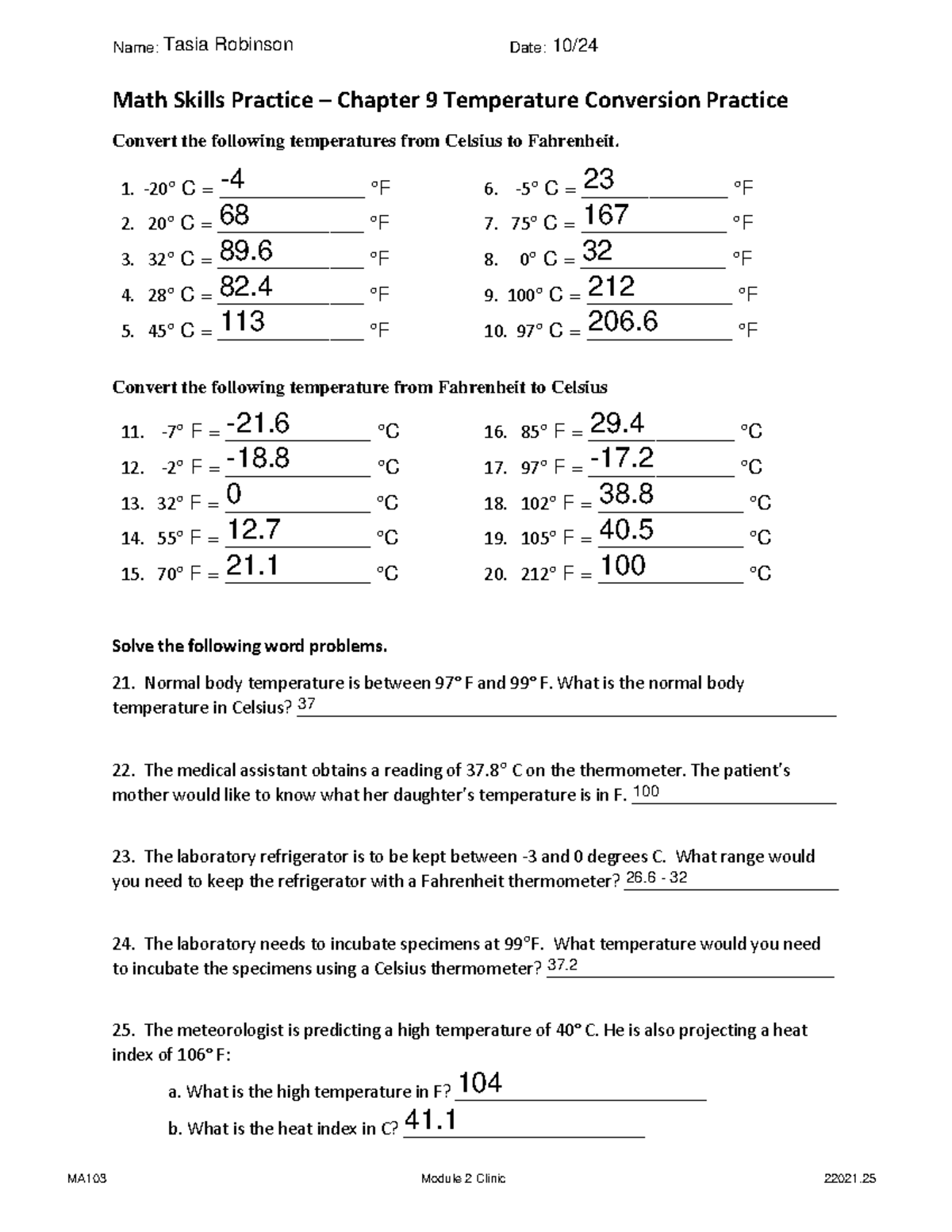 Math Skills Chapter 9 Temperature Conversion Practice - Math Skills ...