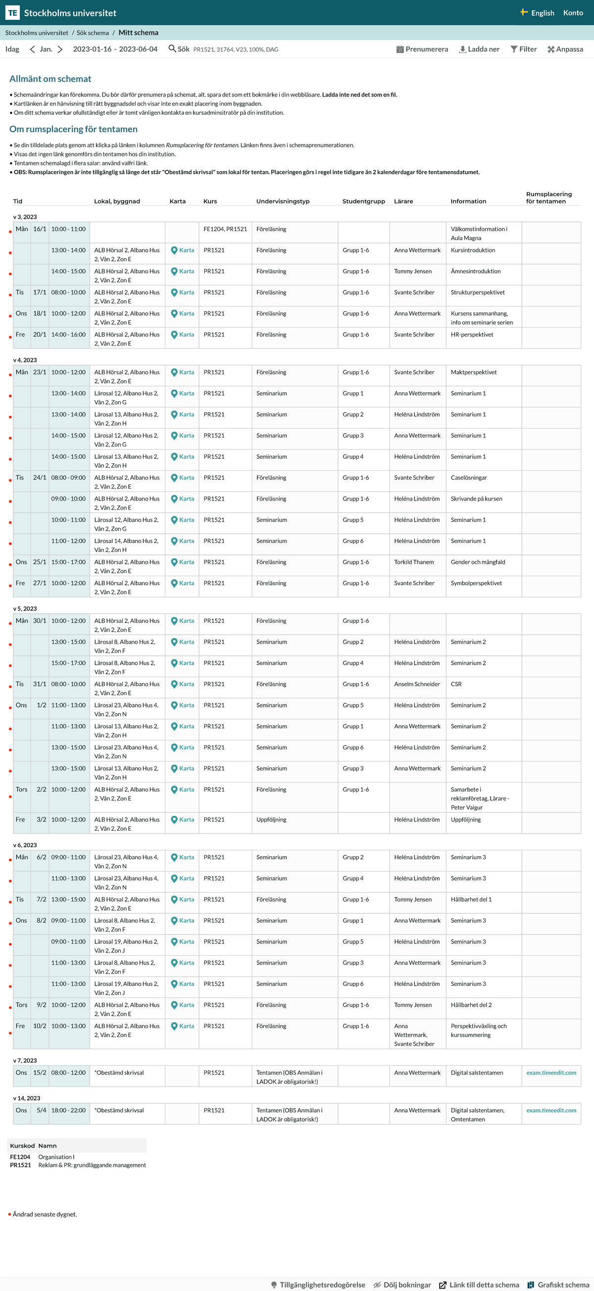 Time Edit Stockholms universitet - PR1521, 31764, V23, 100%, DAG ...