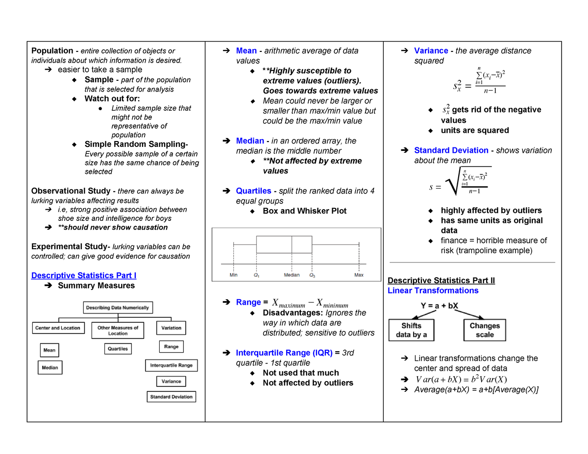 Stat 100 Final Cheat Sheet - Population entire collection of objects or ...