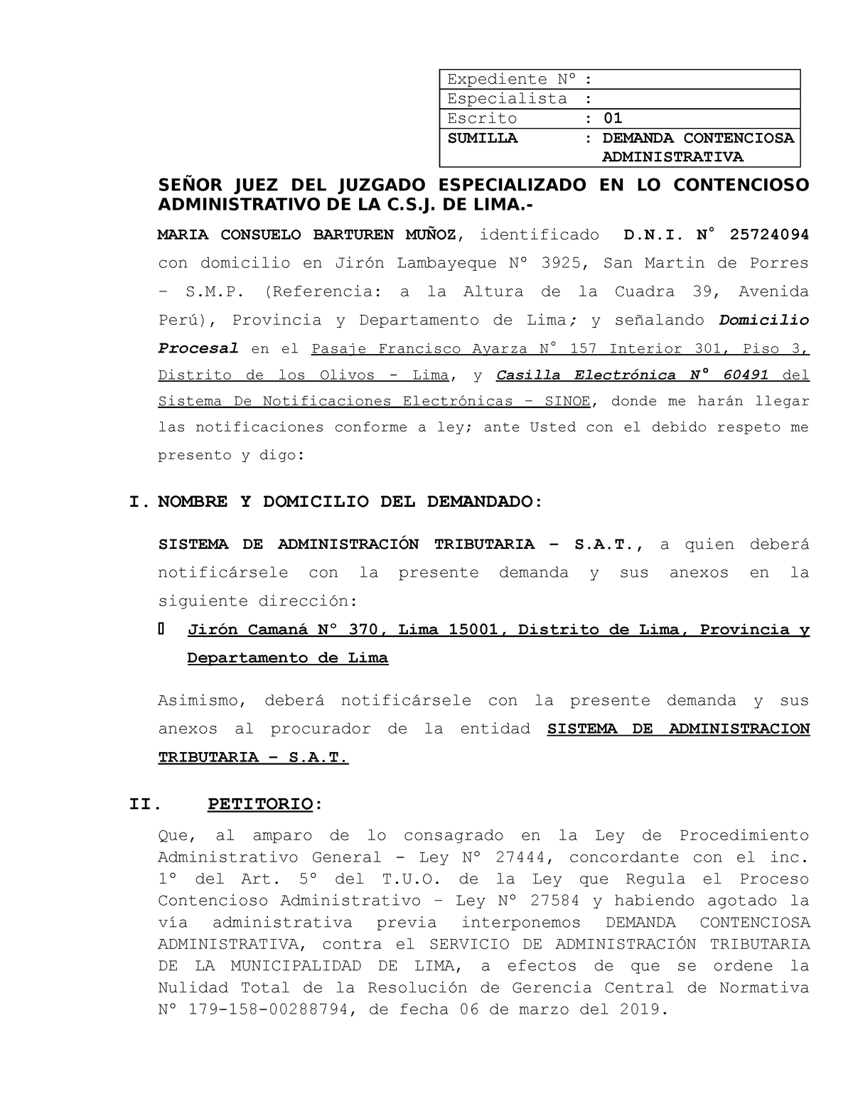 Demanda Contenciosa Administrativa Contra EL SAT - Expediente Especialista  Escrito SUMILLA JUEZ - Studocu