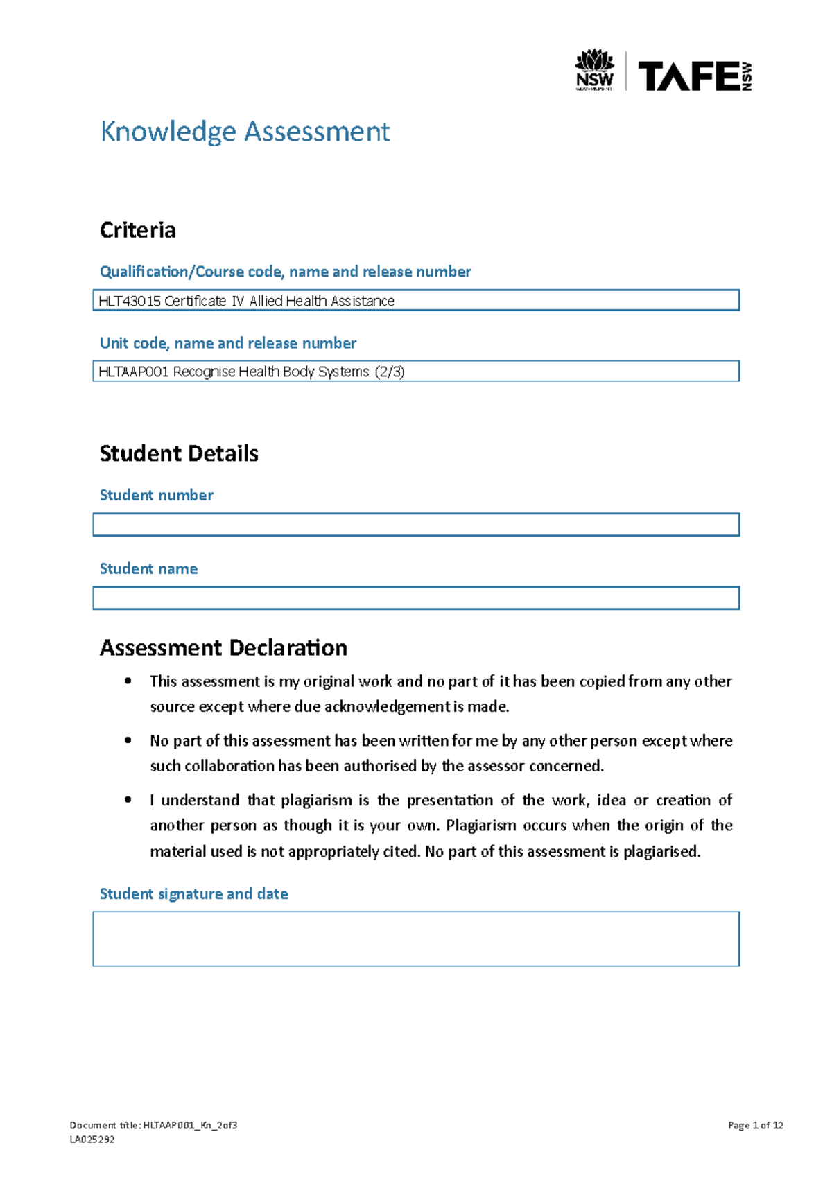 LA025292 Hltaap 001 2of3 - Knowledge Assessment Criteria Qualification ...