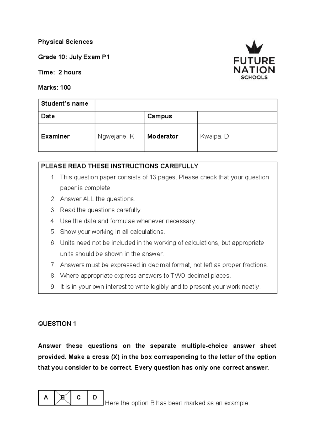 Grade 10 July Exam 2024 - Physics - Physical Sciences Grade 10: July ...