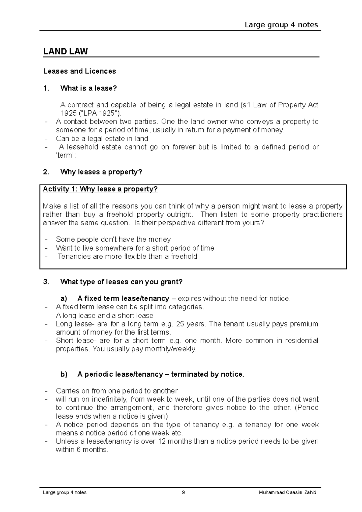 Large group 4 notes - Large group 4 notes LAND LAW Leases and Licences ...
