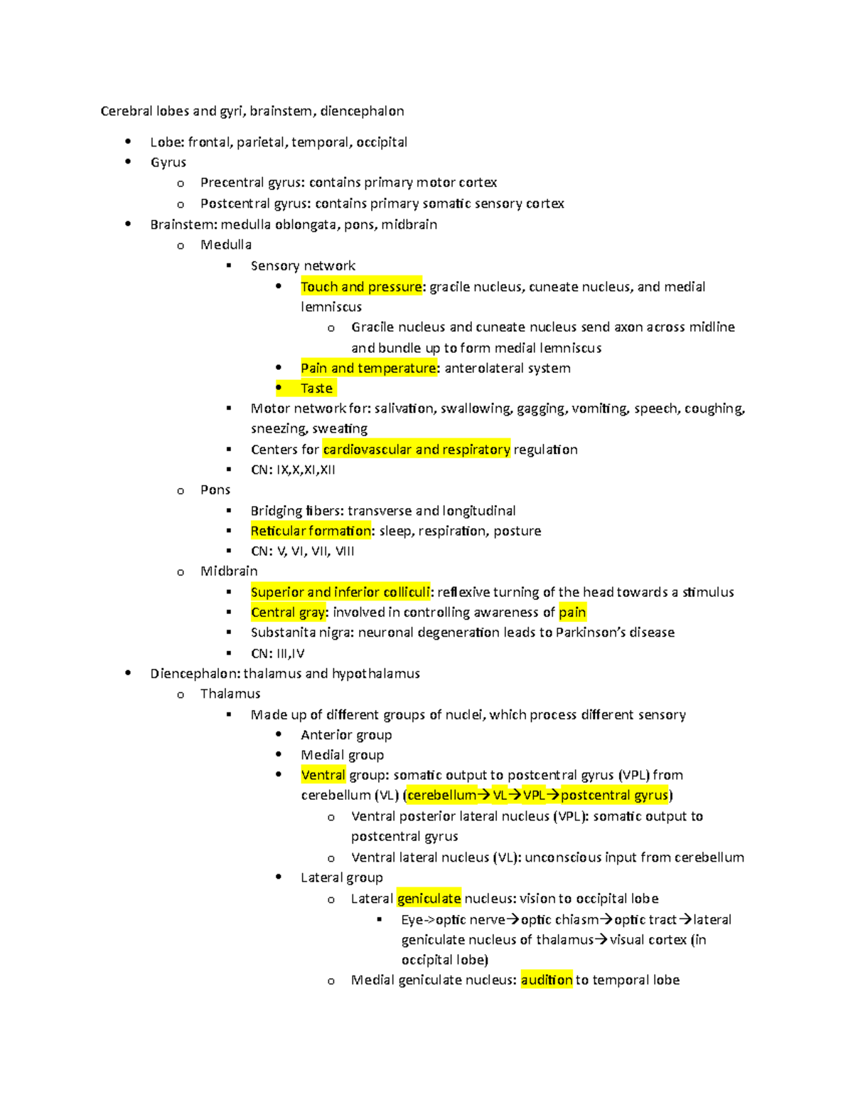 Anatomy Exam 4 Note - Final Exam Summary - Cerebral Lobes And Gyri ...