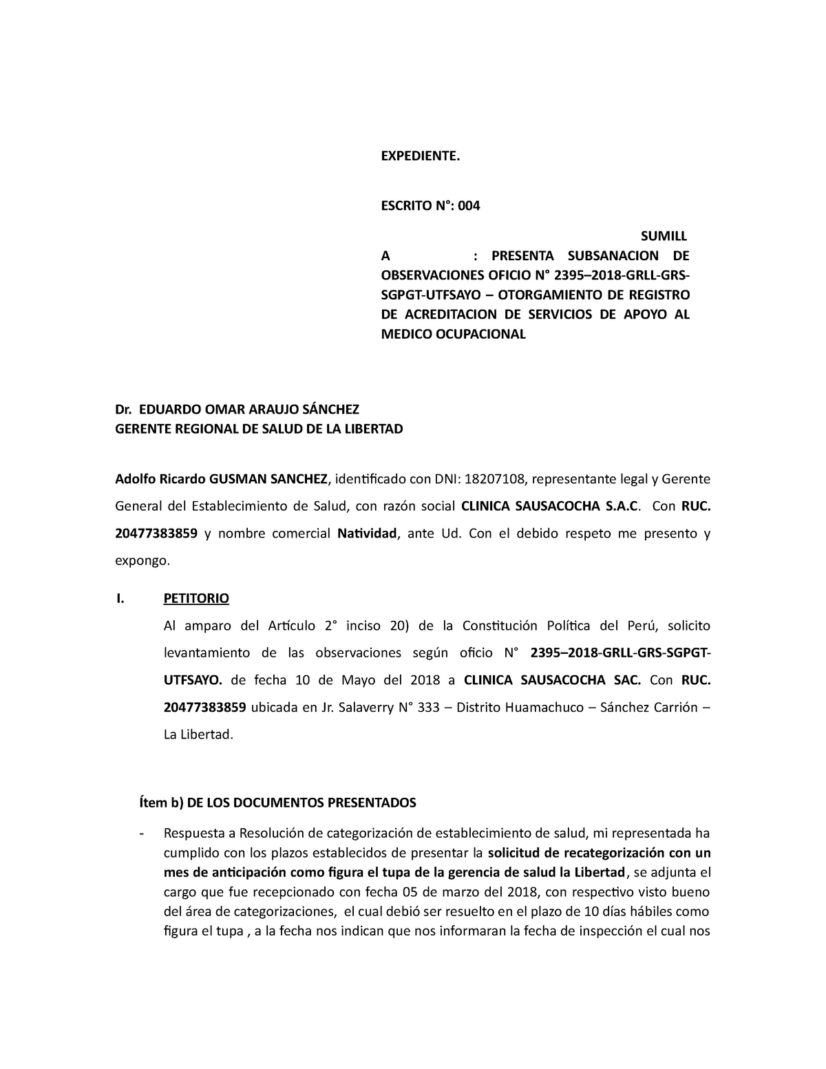 Escrito N° 004 Levantamiento DE Observaciones Salud Ocupacional - Auditoria  financiera - Studocu
