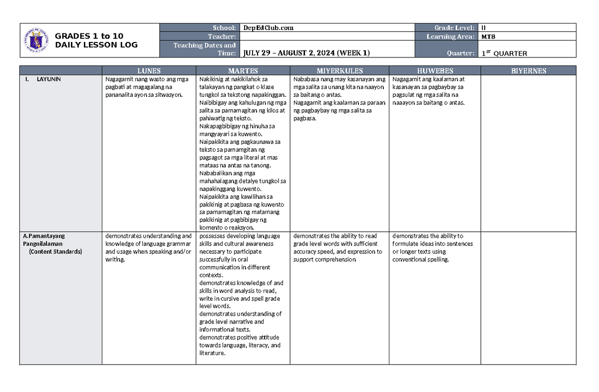 DLL MTB 2 Q1 W1 - MTB - GRADES 1 to 10 DAILY LESSON LOG School ...