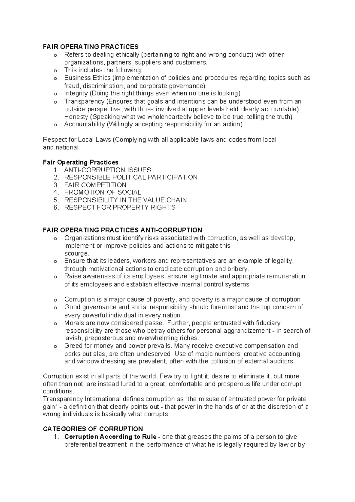 Document - FAIR OPERATING PRACTiCES o Refers to dealing ethically ...