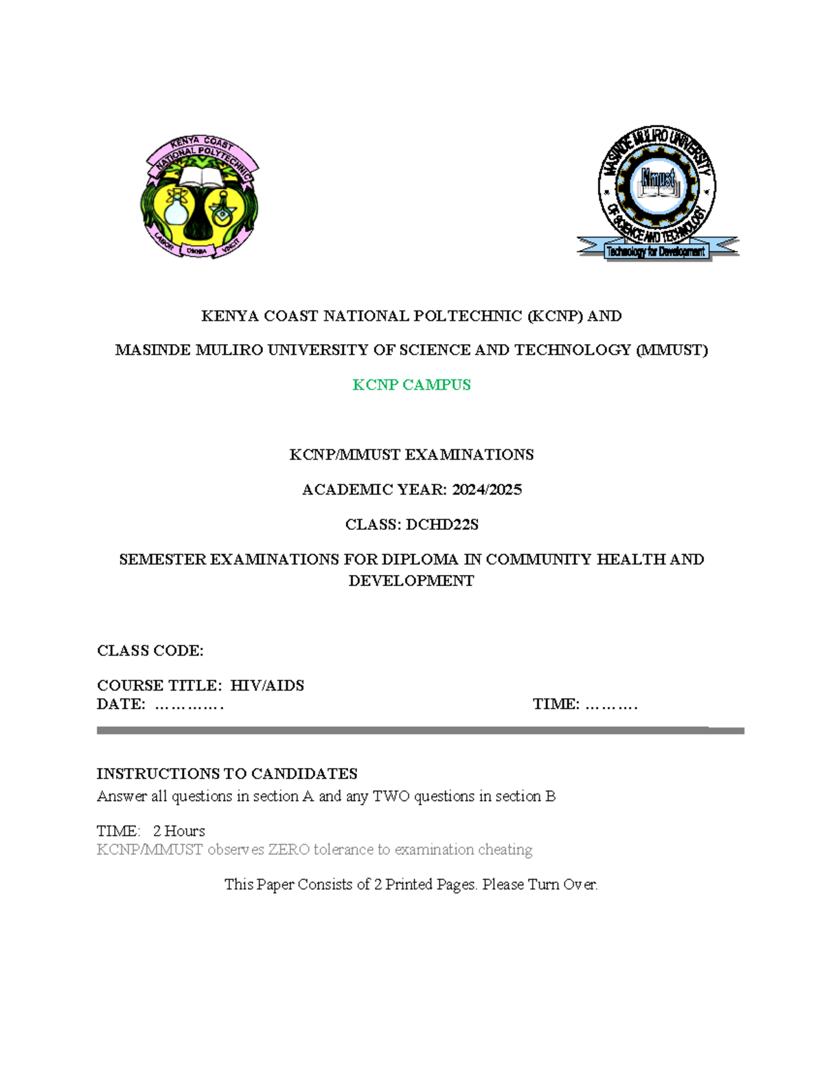 HIV&AIDS - KENYA COAST NATIONAL POLTECHNIC (KCNP) AND MASINDE MULIRO ...